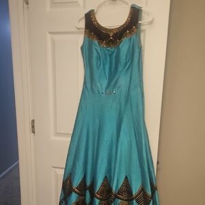 Elegant Teal Blue and Black Sleeveless Dress with bottom and dupatta